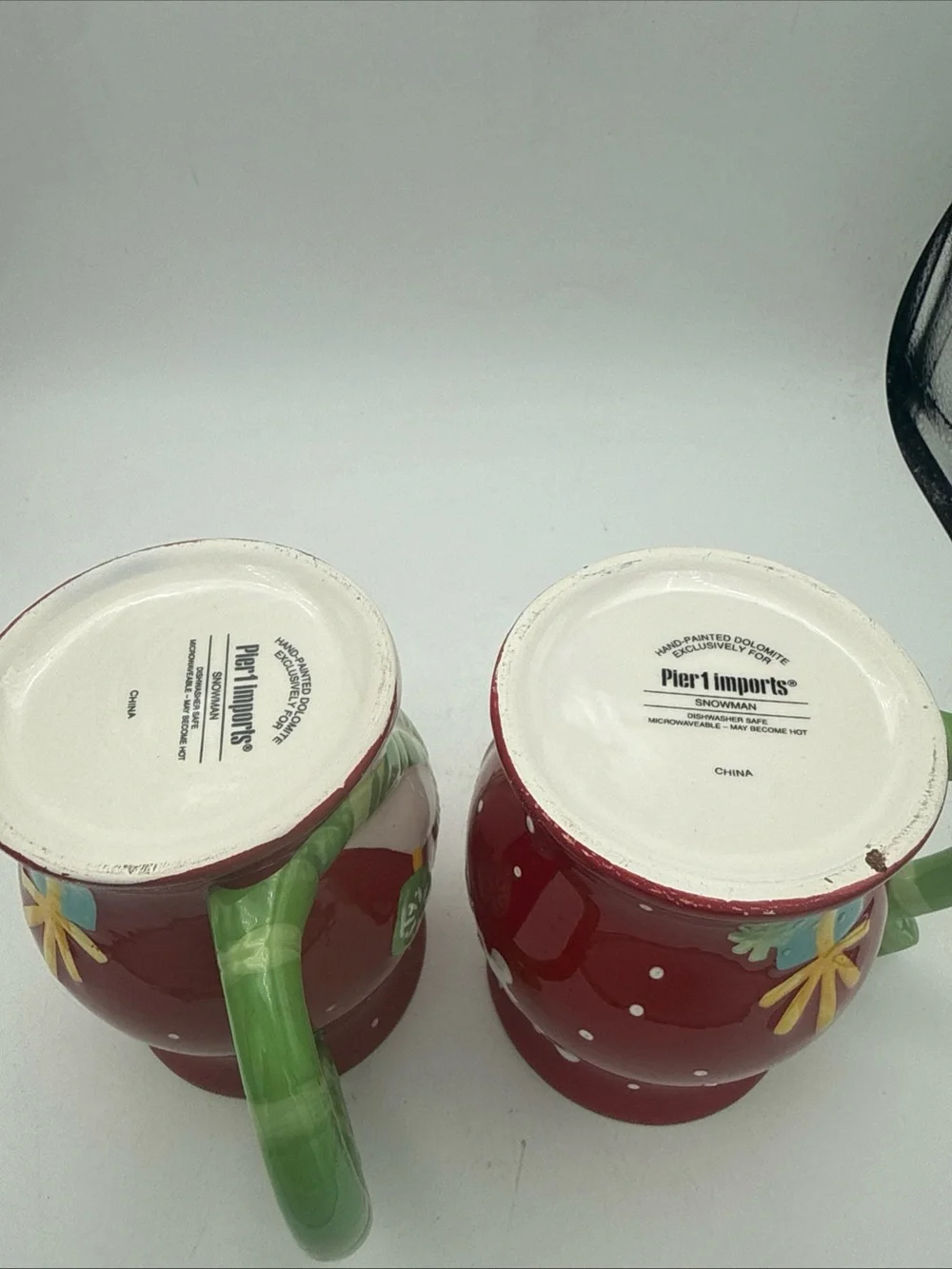 Set of 2 Pier 1 Imports handpainted Snowflake Snowman coffee Cocoa Mug